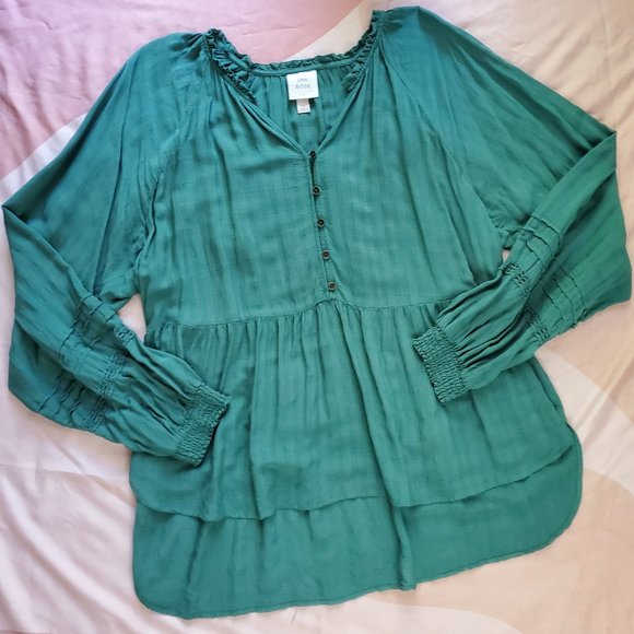 Knox Rose Tops - Knox Rose Green Long Sleeve Blouse with Ruched and Lace Details XL